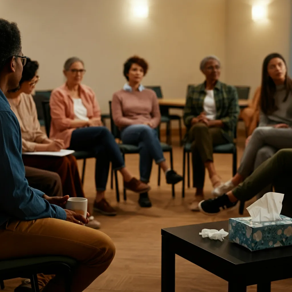 People connecting in a support group meeting, finding strength and encouragement in shared experiences during addiction recovery.