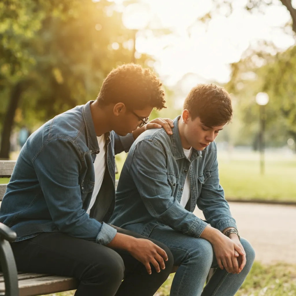 A supportive friend comforting someone experiencing depression.