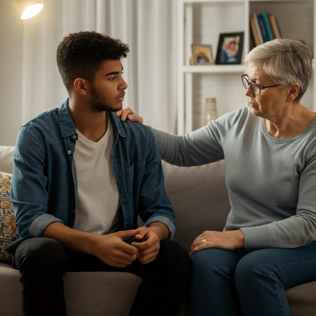 A parent's hand offering support and hope to an adult child struggling with depression.