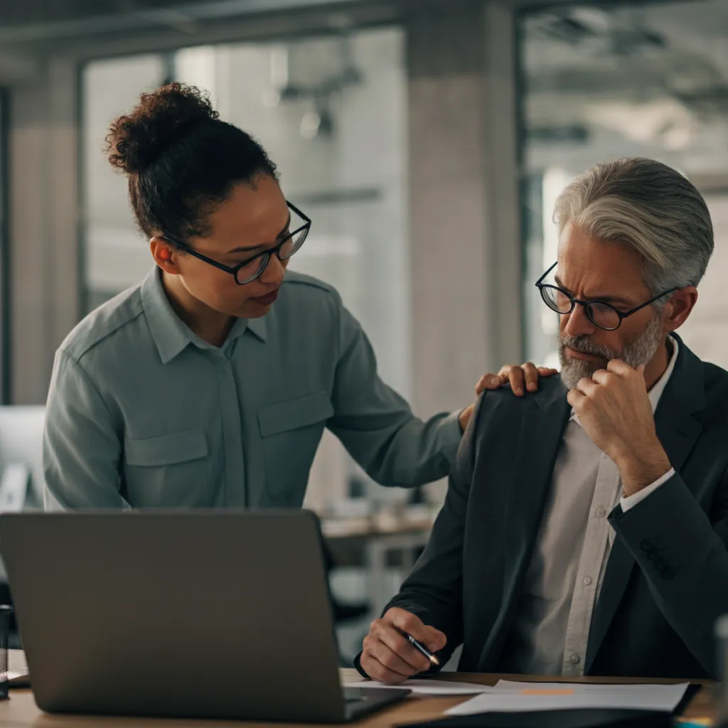 Person offering support to a colleague experiencing anxiety at work or school.