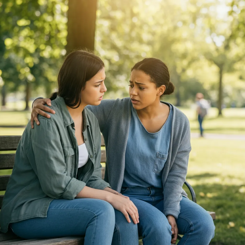 A supportive friend offering self-care and setting boundaries while helping another friend cope with depression.