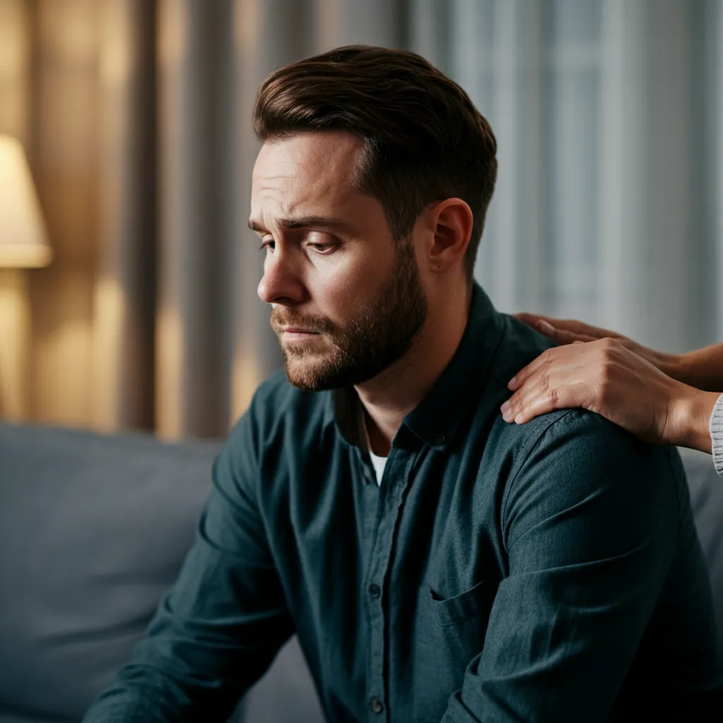 A supportive hand on a man's shoulder, symbolizing support for men experiencing emotional pain.