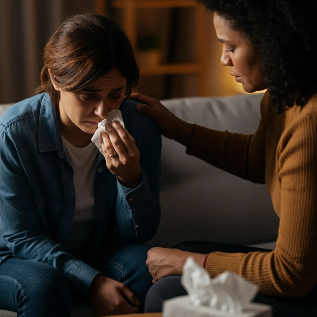 Person offering support to a loved one experiencing a mental health crisis.