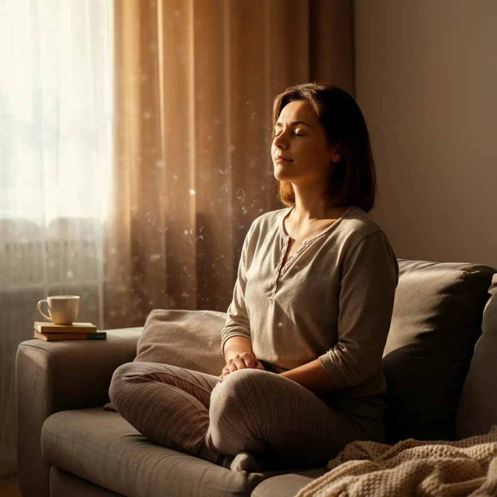 A person taking time for self-care activities, like meditation or spending time in nature, while supporting a friend with anxiety. This symbolizes maintaining personal well-being while helping others.