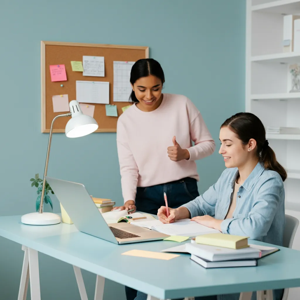 Person with ADHD working in a supportive and organized environment, surrounded by friends and family.