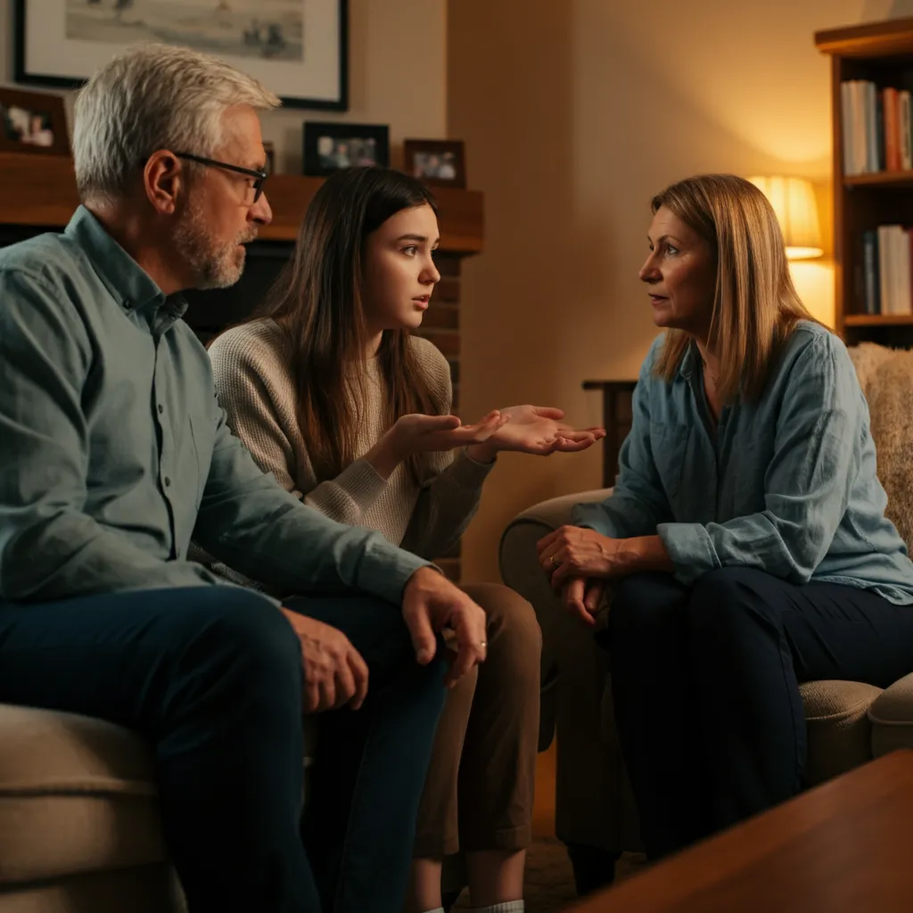 A supportive image depicting a teen talking to their parents about depression, emphasizing open communication and understanding.