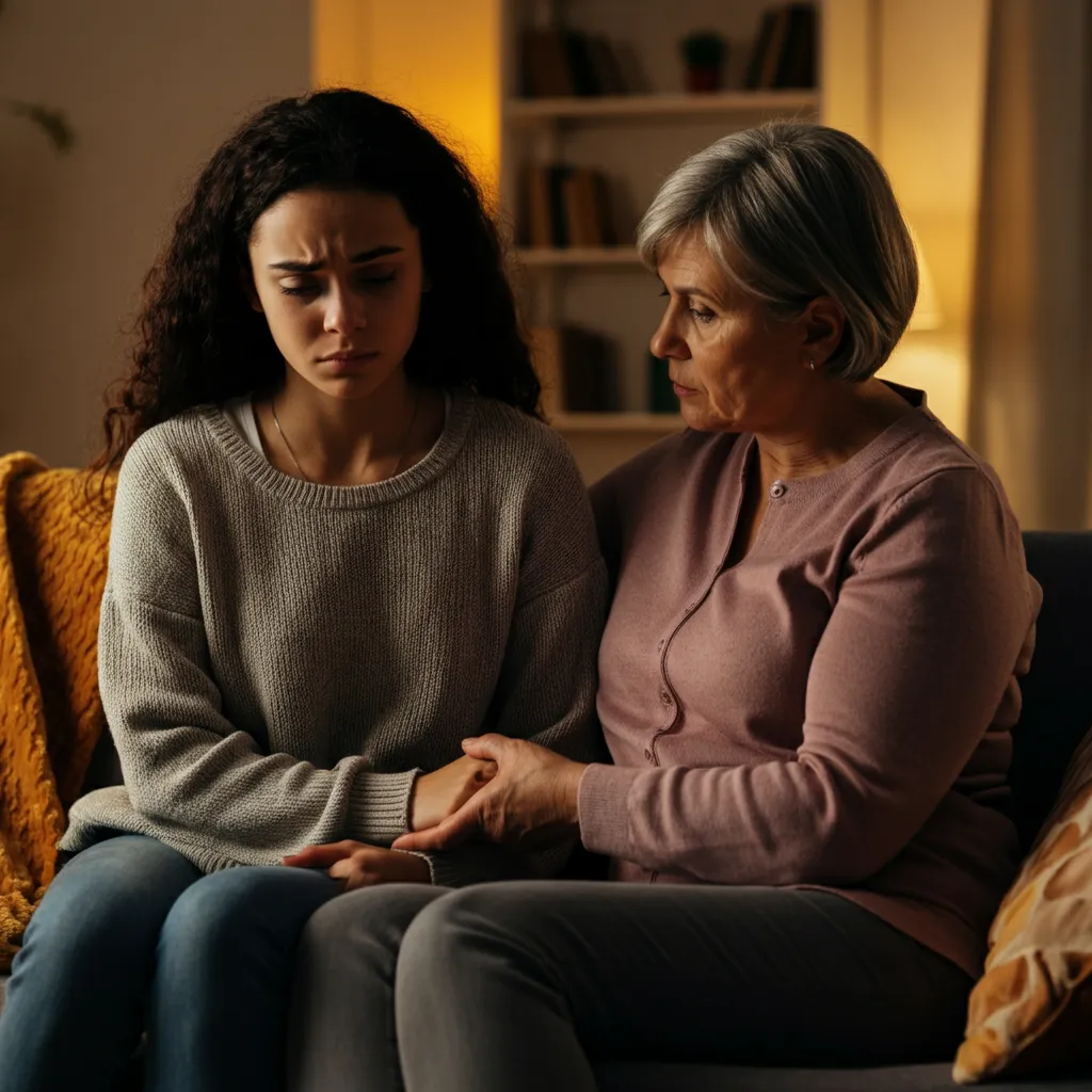 A parent and adult child having a heart-to-heart conversation, offering support and understanding.