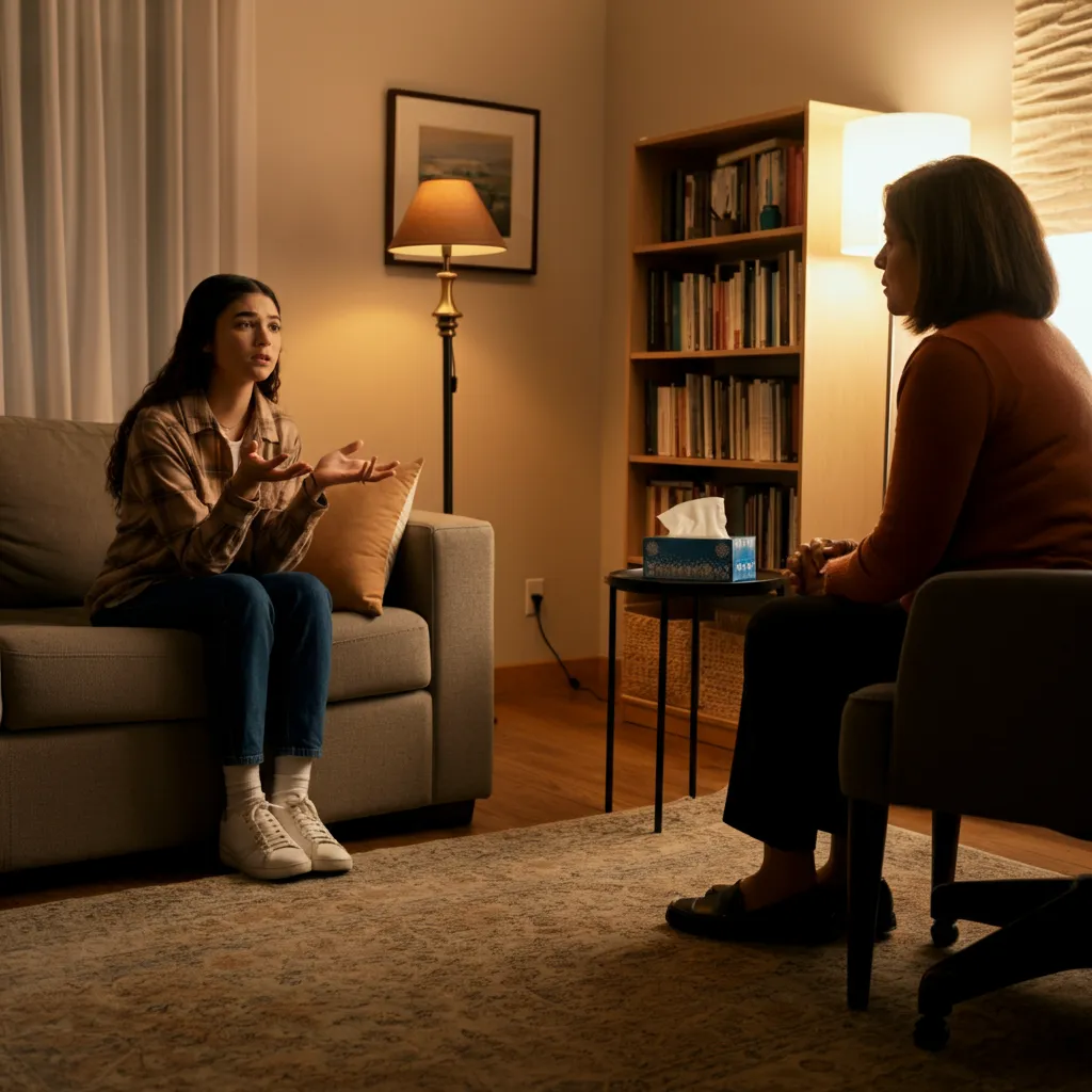 Couple in therapy discussing anxiety and relationship challenges with a therapist.