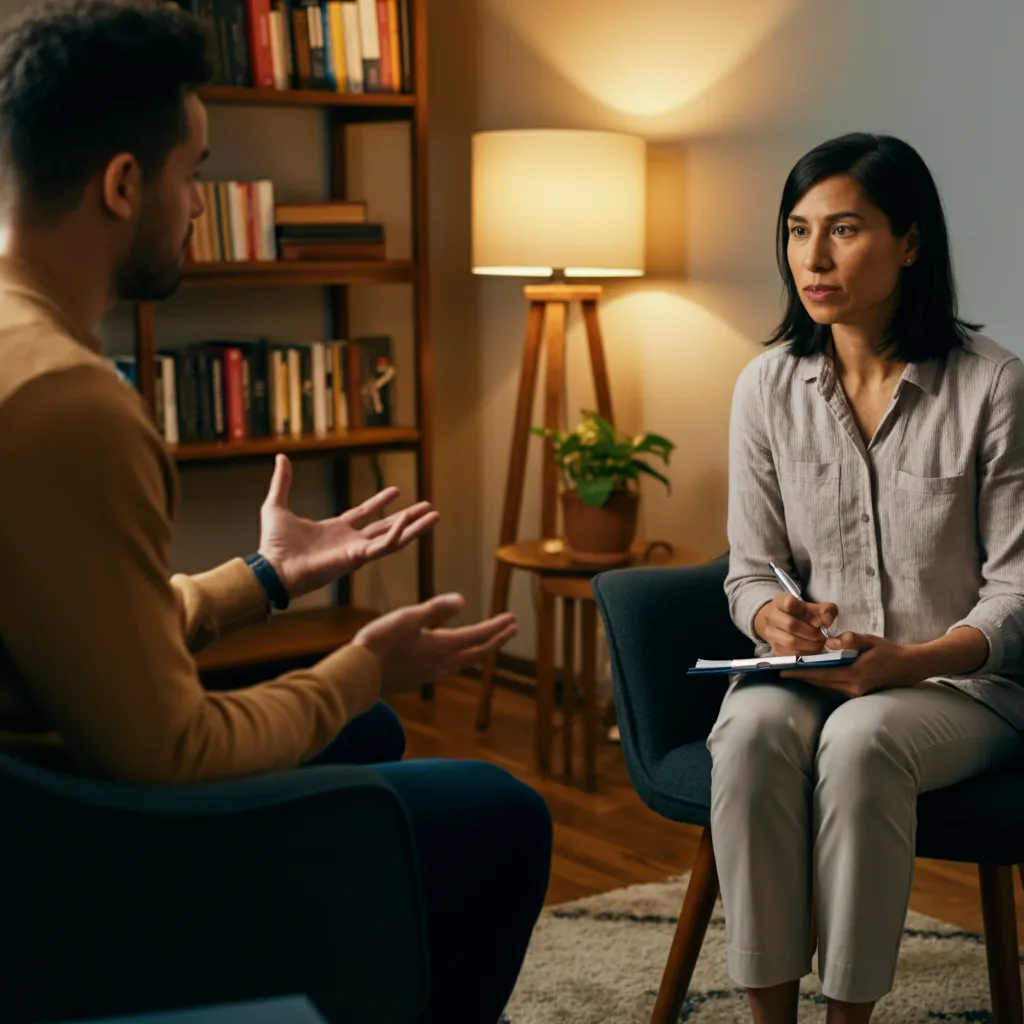 A person talking to a therapist in a therapy session, discussing their concerns and working together to find solutions.