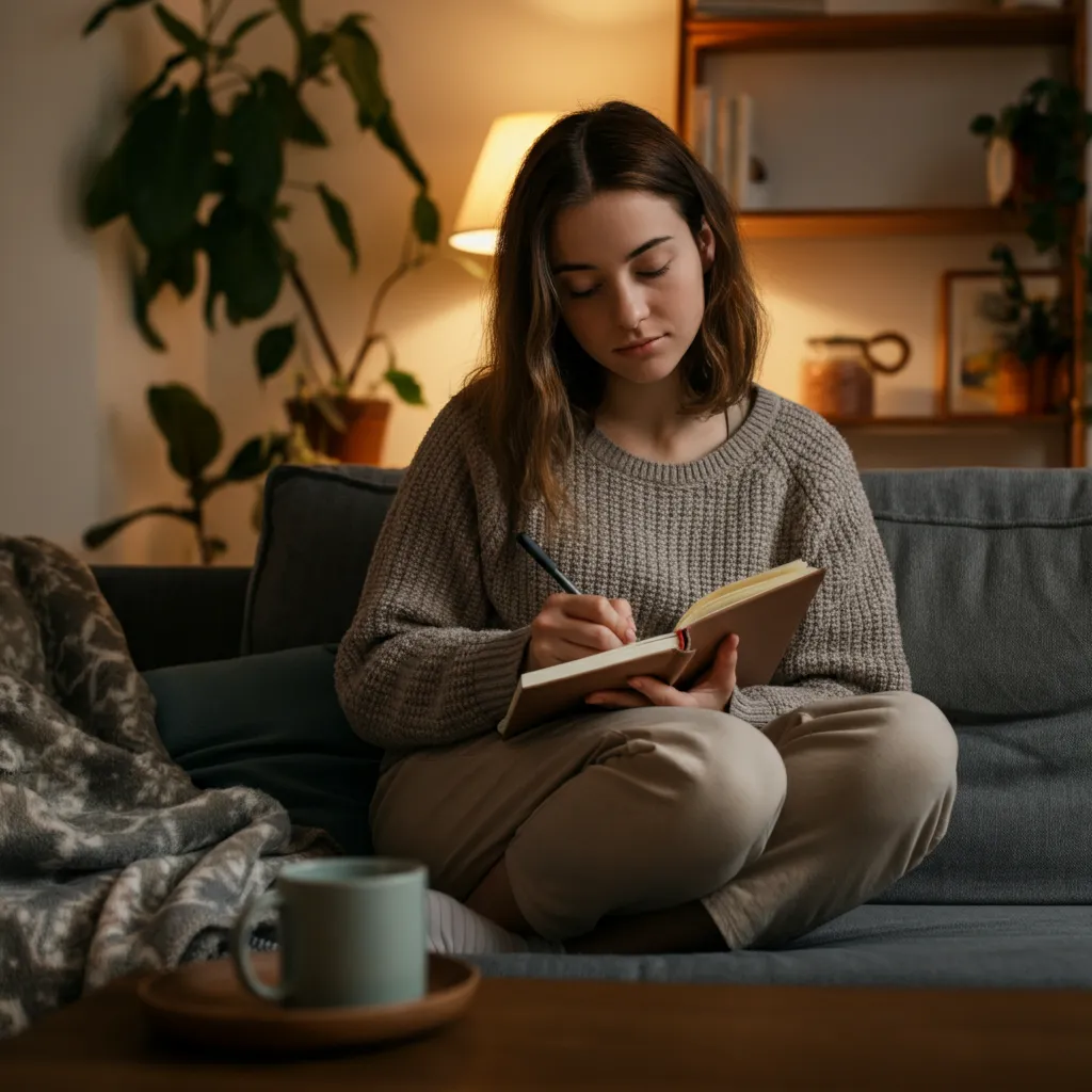 Person writing in a mood tracker journal, reflecting the importance of mood tracking for mental wellness.