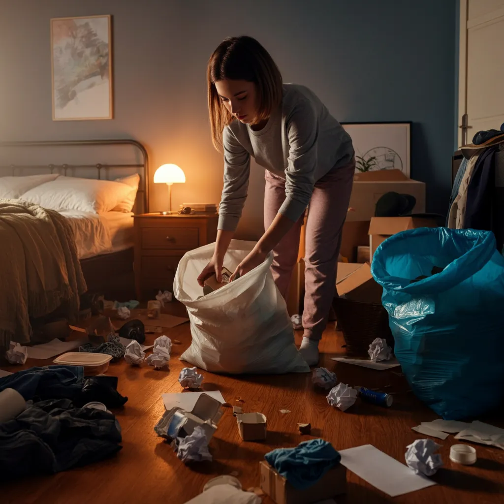 Removing trash from a room as a step in cleaning a depression room. This involves sorting items into trash bags for disposal, recycling, or donation.