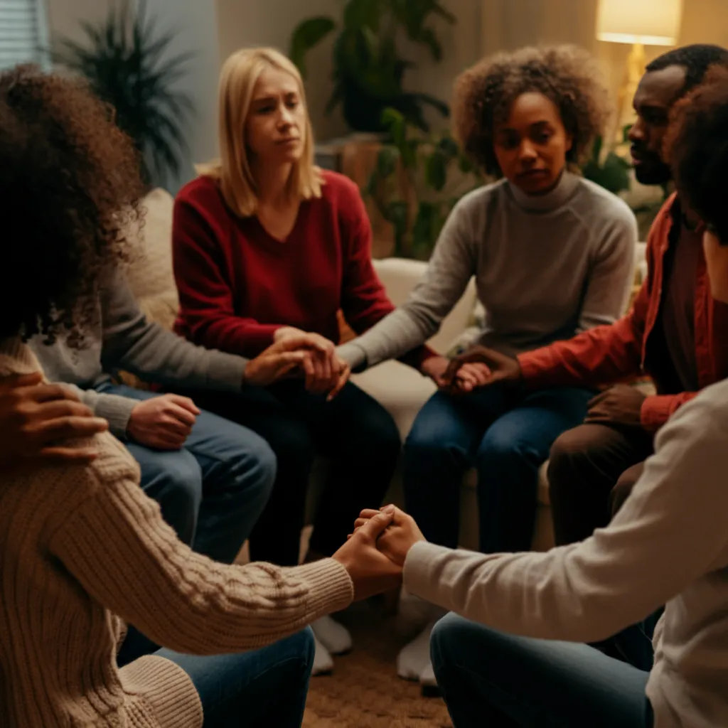 A diverse group of people providing support and comfort to a person, symbolizing a trauma-informed support system.