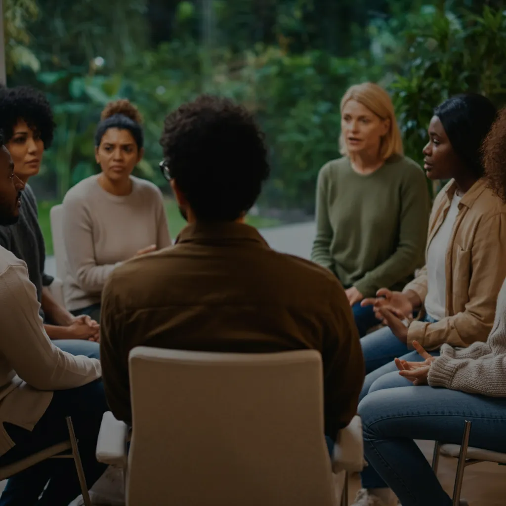 A diverse group of people connecting and supporting each other, representing a trauma-informed support system.