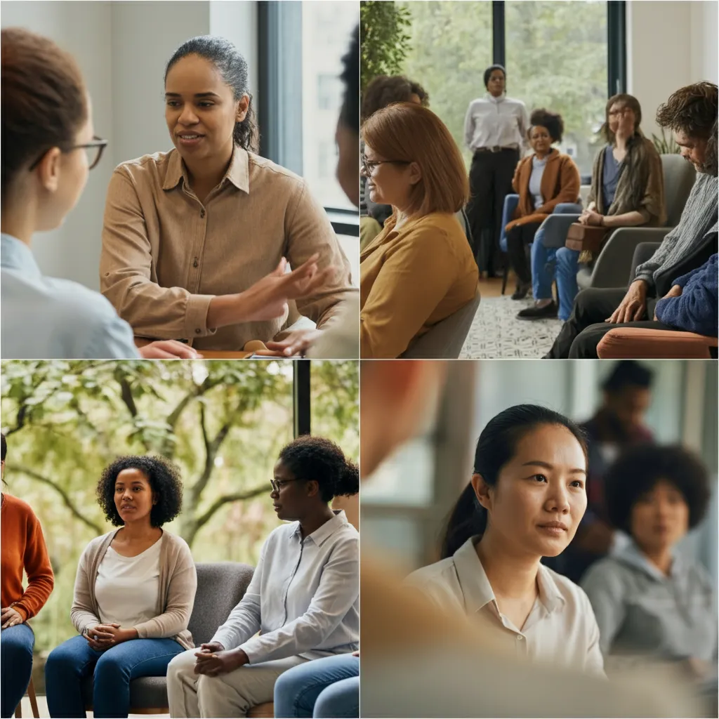 Diverse individuals connecting and supporting each other in various mental health communities, including online groups, local organizations, peer networks, therapy sessions, and community services.