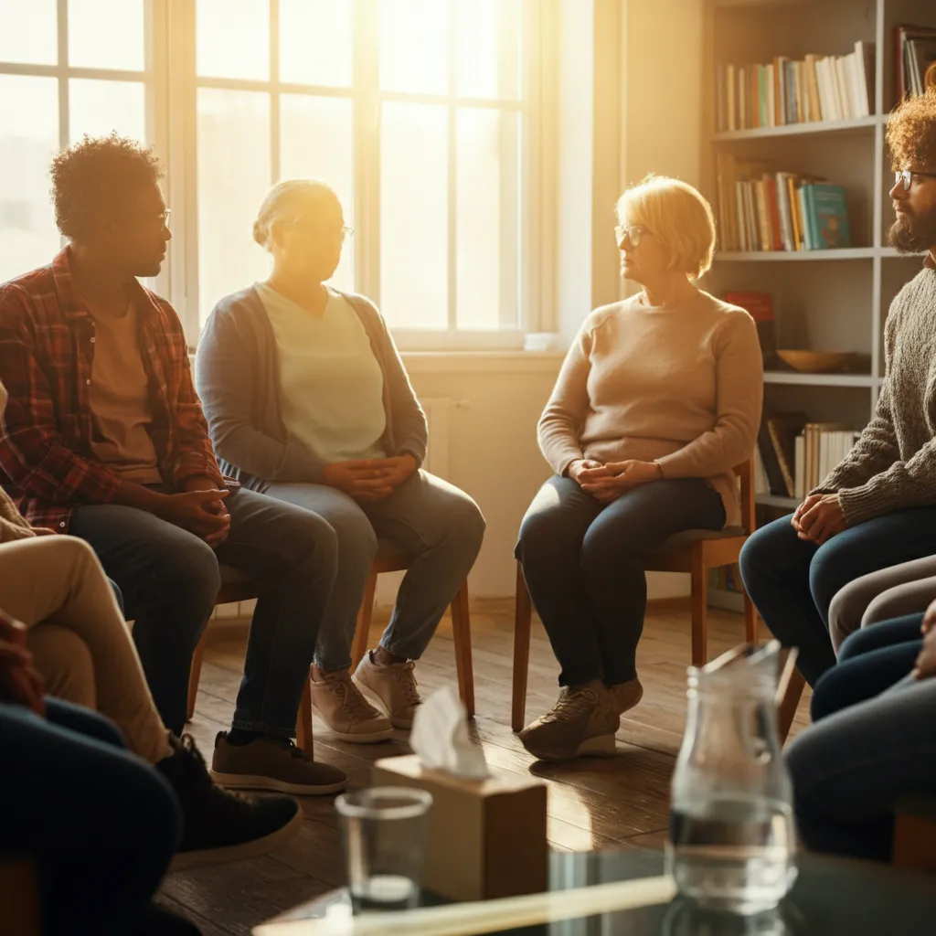 Diverse individuals participating in various support groups, including online and in-person meetings, peer-led and professionally facilitated sessions, and groups for specific conditions or communities.