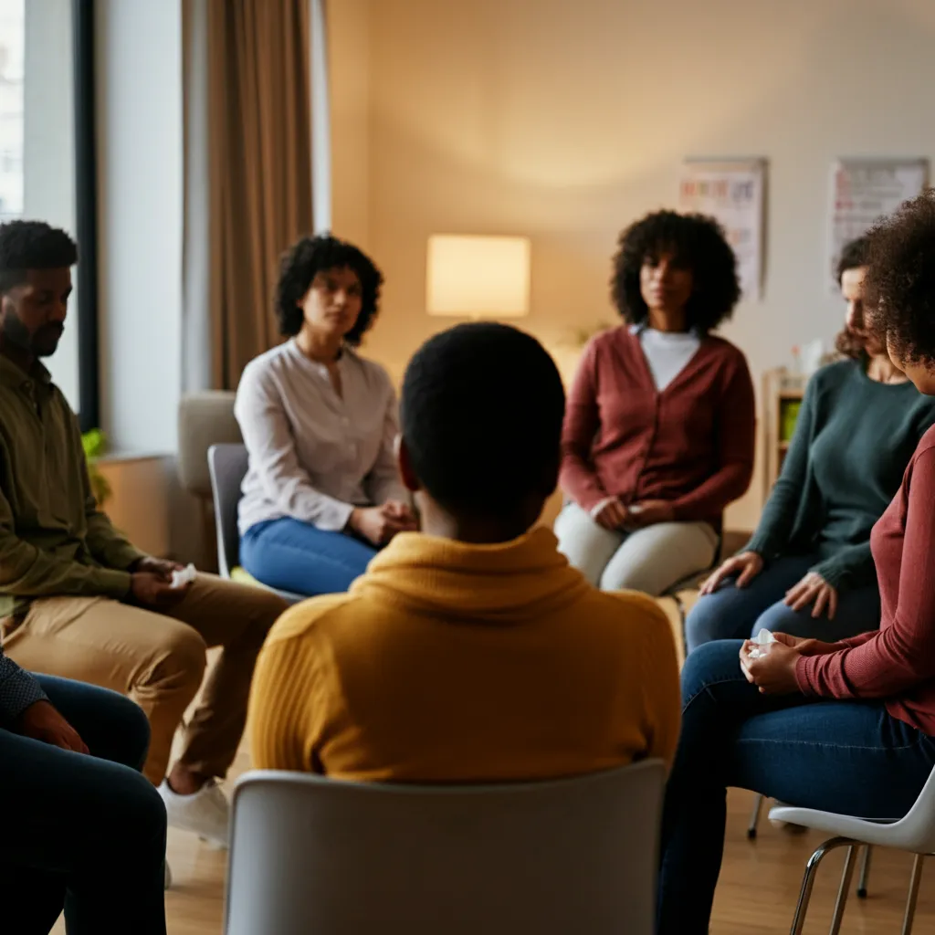 Diverse individuals participating in various support group settings, including online and in-person, peer-led and professional-led, representing options for mental health support.