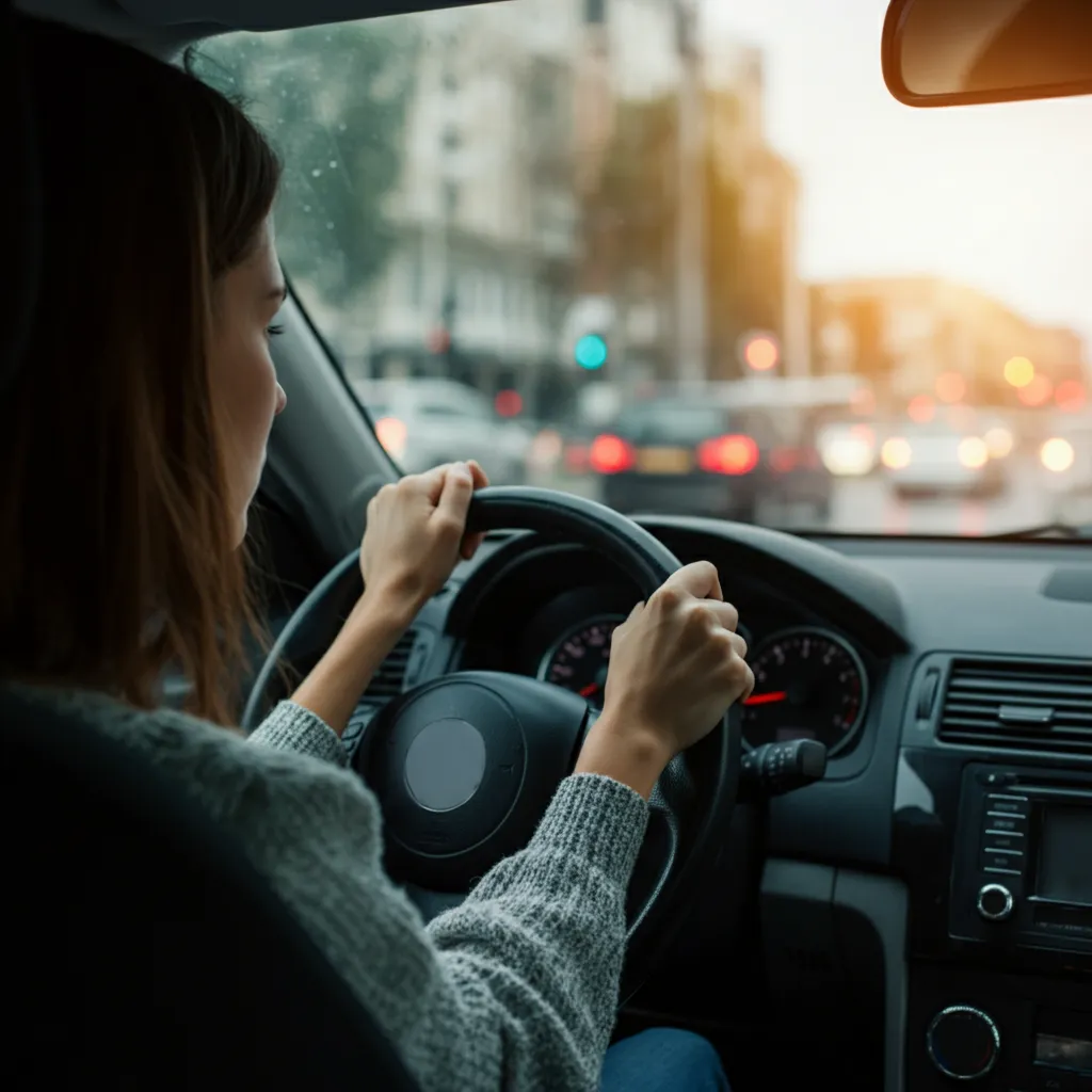 Person experiencing driving anxiety symptoms, illustrating the challenges of amaxophobia.