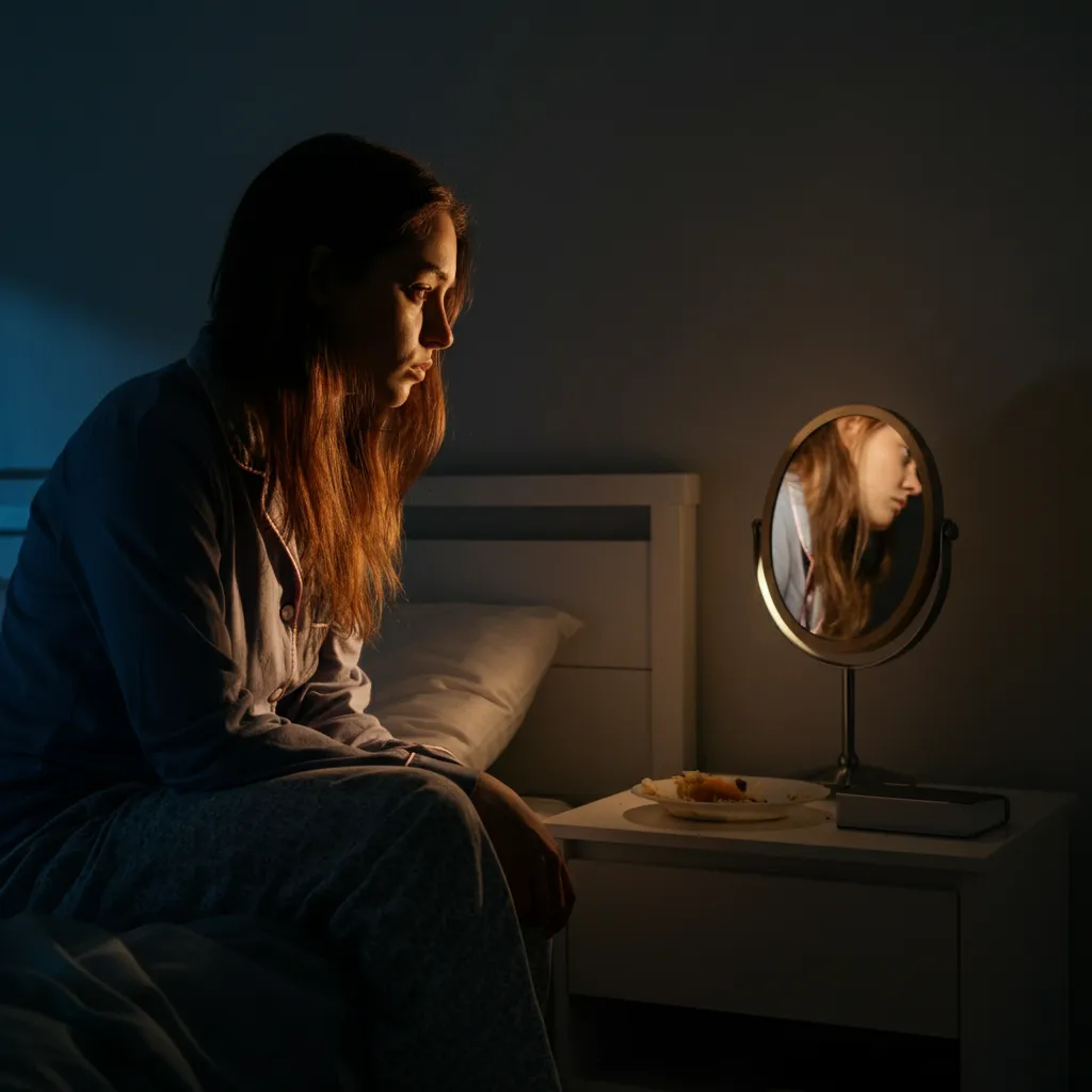 Conceptual image representing the complexities of eating disorders, including anorexia, bulimia, binge eating, and OSFED, along with their associated symptoms and contributing factors like societal pressure and mental health.