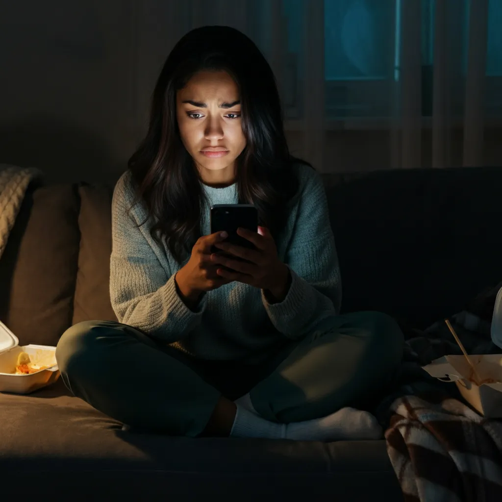 Person looking concerned at their phone, illustrating the concept of screen addiction and its impact on mental wellbeing.