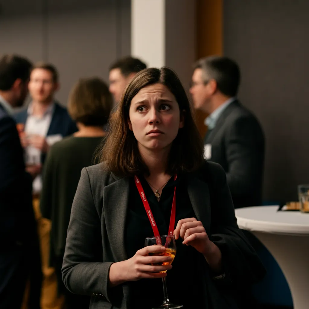 A person experiencing social anxiety in a networking event setting.