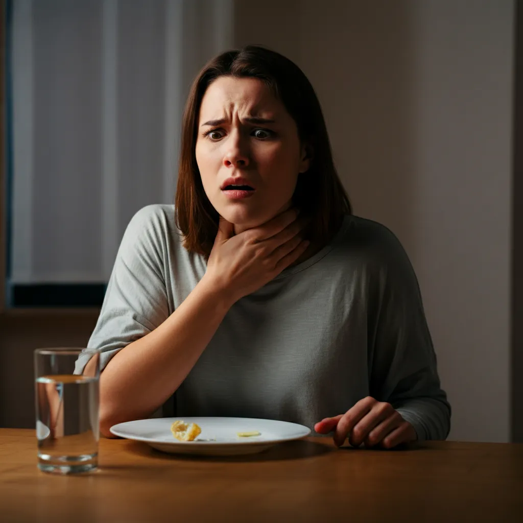 Conceptual image representing swallowing anxiety and phagophobia, the fear of swallowing.