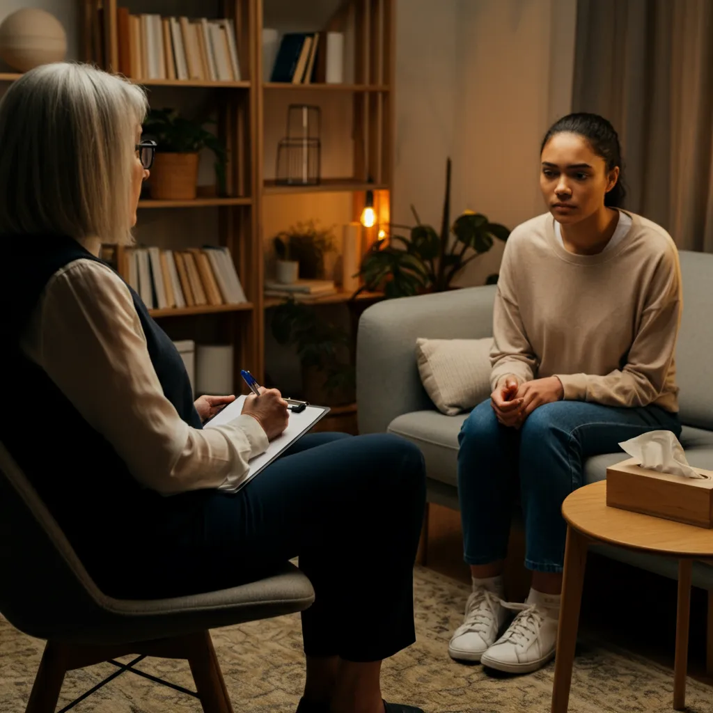 A person talking to a mental health professional, representing the diagnosis process for unspecified mood disorder.