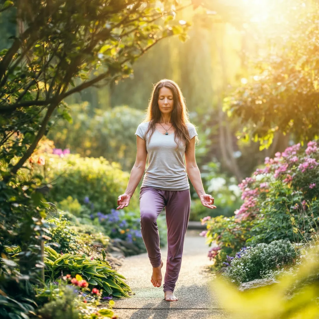 Person practicing walking meditation outdoors, focusing on the present moment and the sensation of each step. This simple mindfulness exercise helps reduce stress and improve focus.