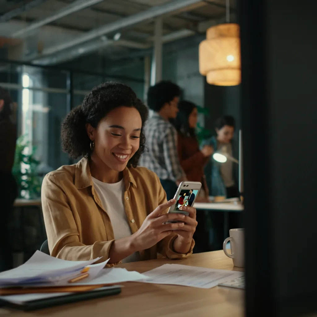 A person laughing at a meme on their phone, symbolizing how memes can help reduce work stress and normalize conversations about mental health in the workplace.