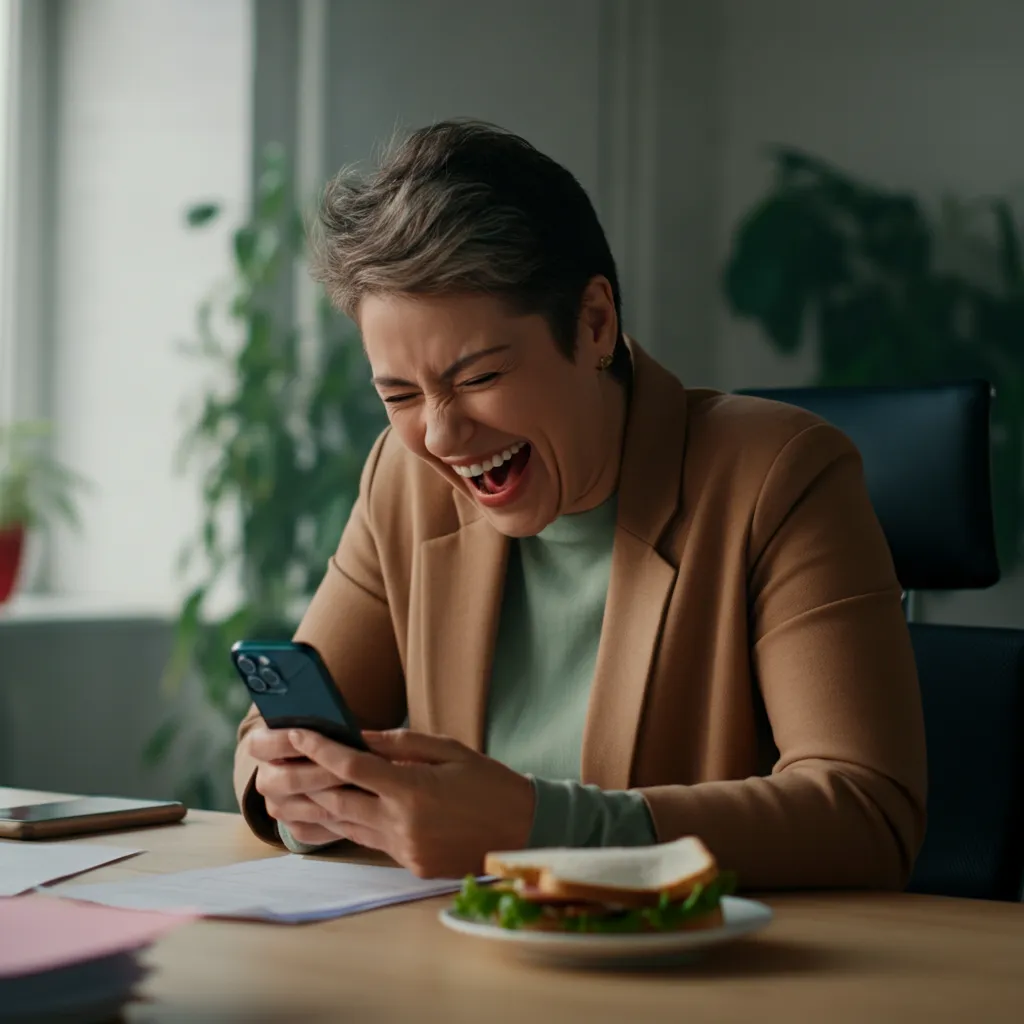 A person laughing at a meme on their computer, demonstrating how humor can relieve work stress.