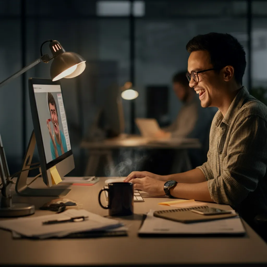 Person smiling and relaxing, demonstrating effective workplace stress management techniques.